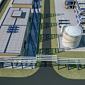Modern Industrial Factory Building With Flat Roof Large Storage Tanks Metal Walkway And Industrial Pipes