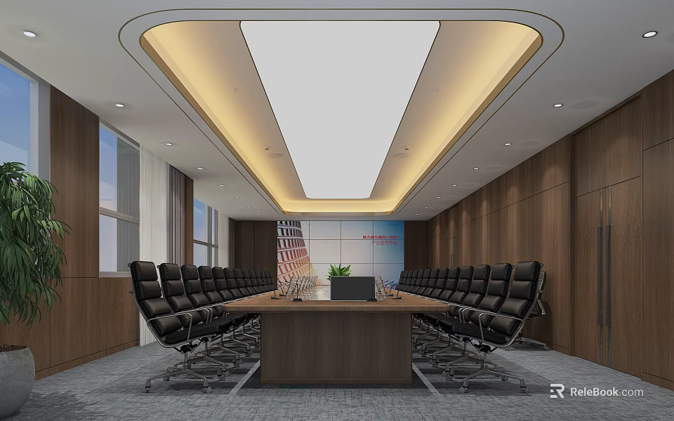 Modern Conference Room Interior With Long Wooden Table Black Chairs Wooden Walls And Illuminated Ceiling 3d model 
