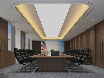Modern Conference Room Interior With Long Wooden Table Black Chairs Wooden Walls And Illuminated Ceiling 3d model