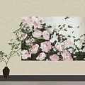 Botanical Painting With Pink Roses Green Leaves On Canvas Wall Decor