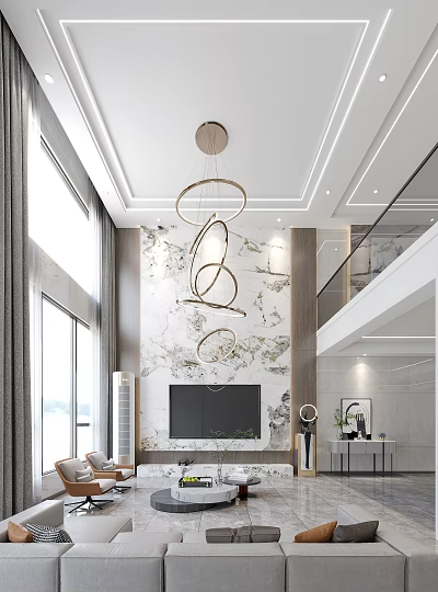 Modern Duplex Living Room Interior Design With High Ceiling Marble Wall And Circular Chandeliers 3d model