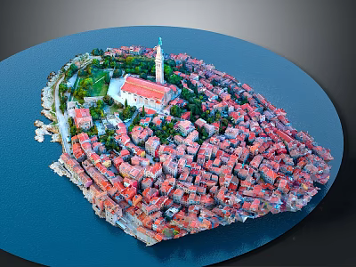 Scenic Island Landscape With Red Rooftops White Church And Blue Coastal Water 3d model