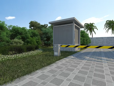 Scenic Garden Landscape with Gray Pavilion Green Trees Bushes Paved Pathway and Palm Trees 3d model