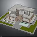 Modern Two Story House with Flat Roof Brick Walls Swimming Pool and Green Lawn