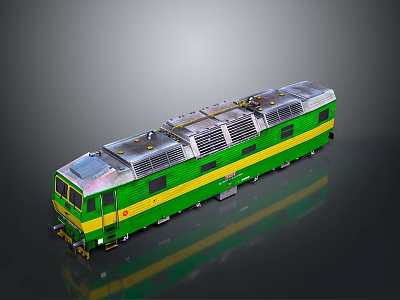 Green and Yellow Train Locomotive Exterior View With Metal Body And Side Vents 3d model