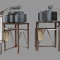 Industrial Equipment with Radiator Like Structures Pipes Metal Frames and Control Units on Support Stands