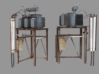 Industrial Equipment with Radiator Like Structures Pipes Metal Frames and Control Units on Support Stands 3d model