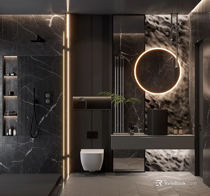 Modern Bathroom Interior With Black Marble Walls Round Mirror With Lighting And White Toilet 3d model 