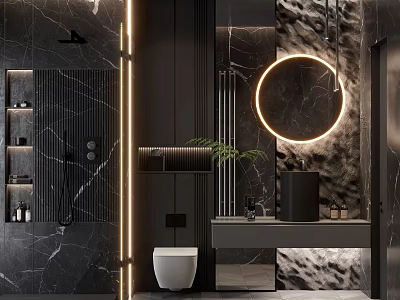 Modern Bathroom Interior With Black Marble Walls Round Mirror With Lighting And White Toilet 3d model