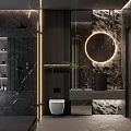 Modern Bathroom Interior With Black Marble Walls Round Mirror With Lighting And White Toilet
