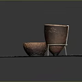 Ancient Guan Ware Pottery with Carved Patterns Bowl and Tall Cup on Display Stand