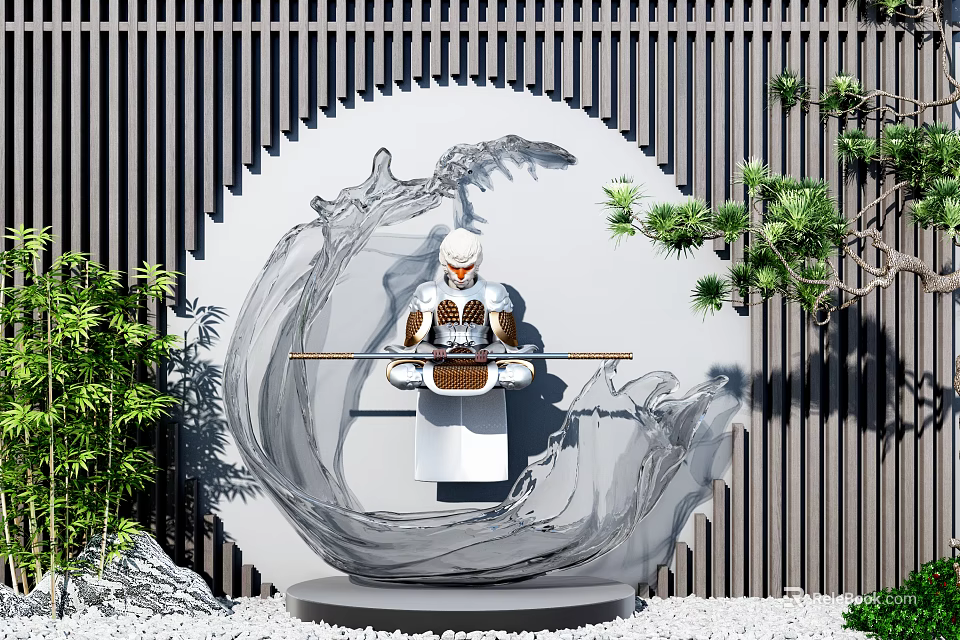 Garden Ornament with Traditional Figure Wave Design Greenery Bamboo Pine Stone Ground and Slat Wall 3d model 
