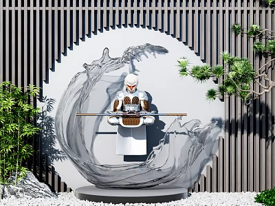 Garden Ornament with Traditional Figure Wave Design Greenery Bamboo Pine Stone Ground and Slat Wall 3d model