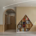 Kindergarten Interior Design With Wooden Bookshelf Arched Doorway Books And Toys