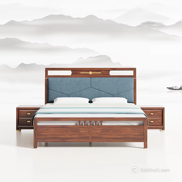Solid Wood Double Bed With Blue Upholstered Headboard Nightstands And Mountain Landscape Backdrop 3d model