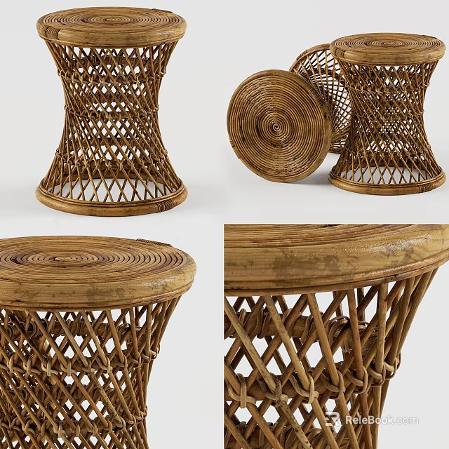 Handwoven Rattan Stool With Round Top And Openwork Design Natural Material 3d model 