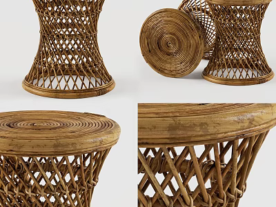 Handwoven Rattan Stool With Round Top And Openwork Design Natural Material 3d model