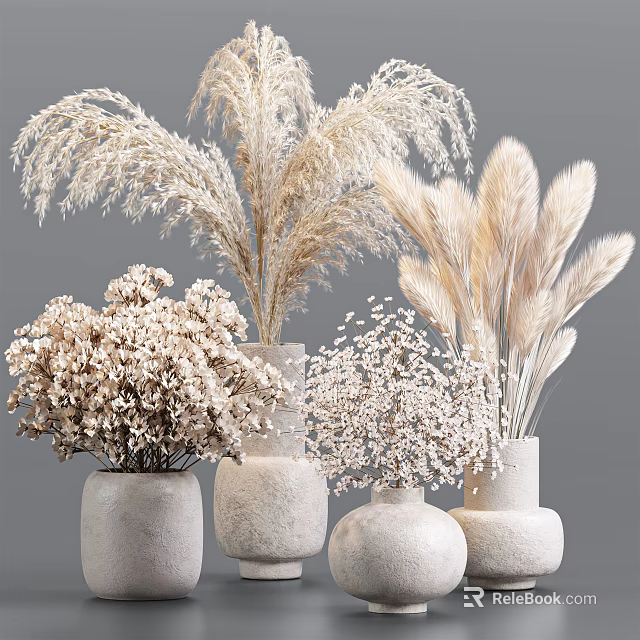 Dried Pampas Grass Hydrangea and Baby's Breath in Concrete Vases on Gray Background 3d model 