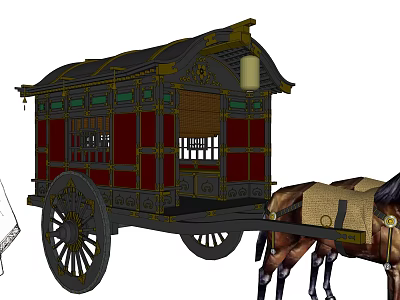 Traditional Horse Drawn Carriage with Red Black Ornate Design Grilled Windows Lanterns and Tile Roof 3d model