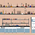 Industrial Laboratory Equipment Setup With Lab Benches Fume Hoods Glassware And Reagent Bottles