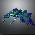 Futuristic Sci Fi Spaceship 3D Model With Cyan Purple Wings And Geometric Structure
