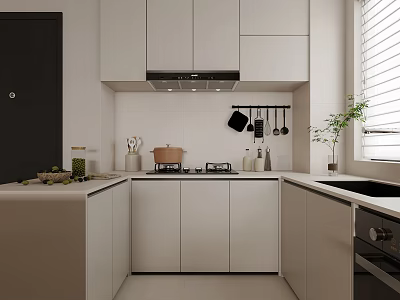 Modern Kitchen Interior With White Cabinets Countertop Appliances And Window Plant 3d model