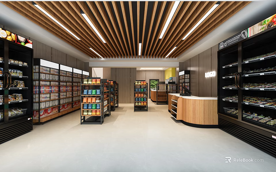 Modern Supermarket Department Store with Spacious Interior Well Organized Product Shelves and Refrigerated Units 3d model 