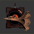 Classic Vintage Gramophone Featuring Copper Horn Carved Wooden Base And Black Turntable