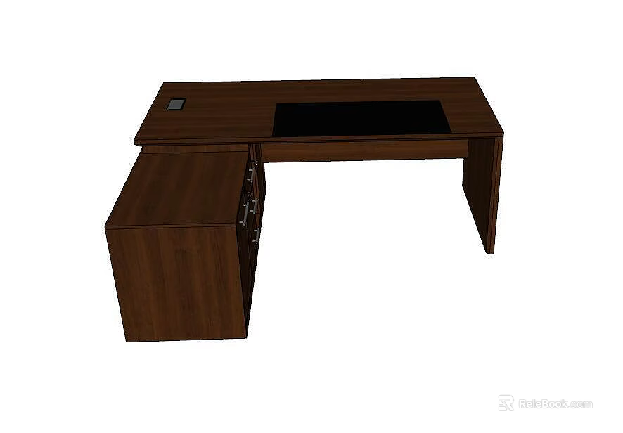 Brown Wooden Office Desk With Side Cabinet And Black Surface Top 3d model 
