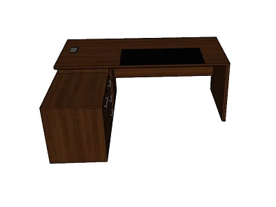Brown Wooden Office Desk With Side Cabinet And Black Surface Top 3d model