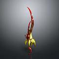 Mythical Red And Yellow Curved Weapon With Dragon Inspired Ornate Details
