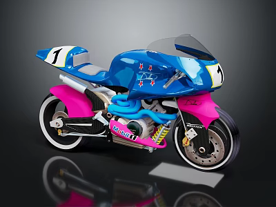 Stylish Blue And Pink Motorcycle With Number 1 Streamlined Design Aerodynamic Fairing And Shiny Wheels 3d model