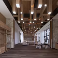 Spacious Sales Office Interior With Wooden Ceiling Lighting Shelves Large Windows And Wooden Flooring