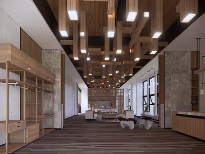 Spacious Sales Office Interior With Wooden Ceiling Lighting Shelves Large Windows And Wooden Flooring 3d model