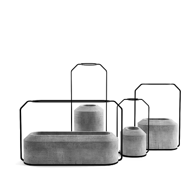 Gray Concrete Garden Ornaments With Black Metal Frames And Various Shapes Sizes 3d model
