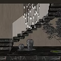 Modern Marble Staircase Interior With Chandelier Green Plant And Vases