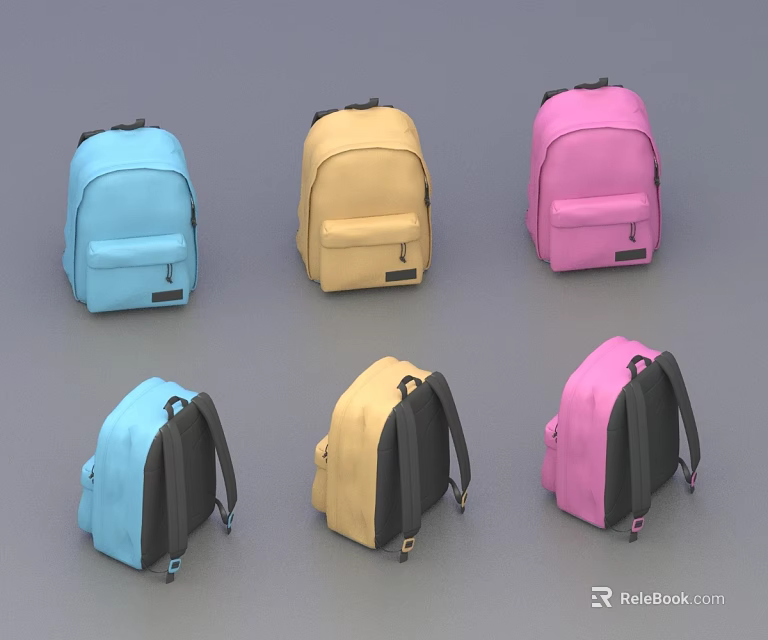 Assorted Color Backpacks In Blue Yellow And Pink With Front Pockets And Black Straps 3d model 