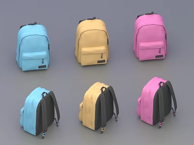 Assorted Color Backpacks In Blue Yellow And Pink With Front Pockets And Black Straps 3d model