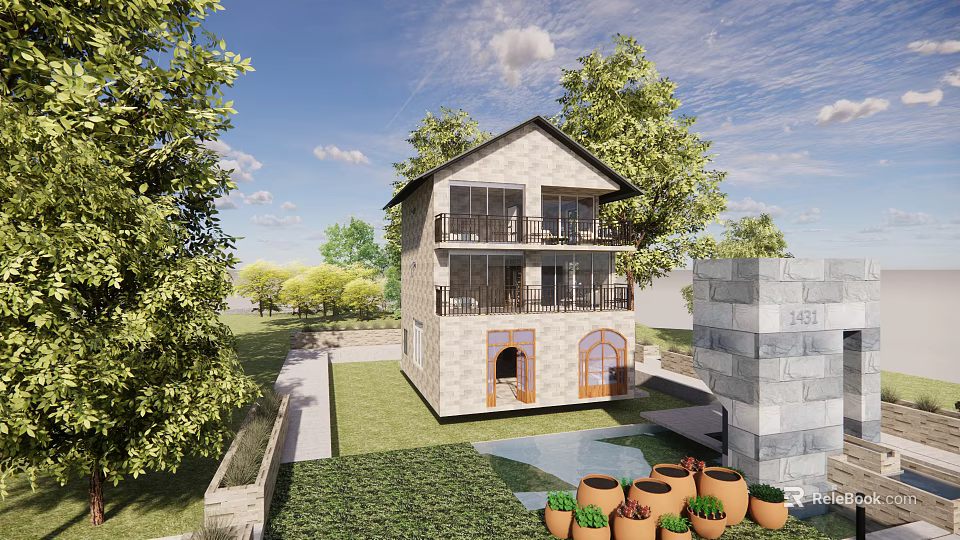 Two Story Detached Villa With Balcony Green Trees Lawn And Flower Pots 3d model 