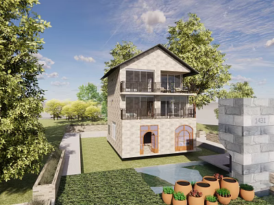 Two Story Detached Villa With Balcony Green Trees Lawn And Flower Pots 3d model