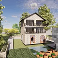 Two Story Detached Villa With Balcony Green Trees Lawn And Flower Pots