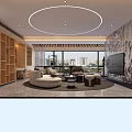 Modern Living Dining Room Interior With Circular Ceiling Light Sofa Coffee Table And City View