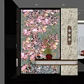 Entryway Hallway Interior With Floral Wallpaper Console Table Red Vase Wall Sconce And Red Chair