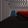 Modern Cinema Interior Featuring Red Seats Blue Staircase Ceiling Lights Gray Walls And Dark Carpet