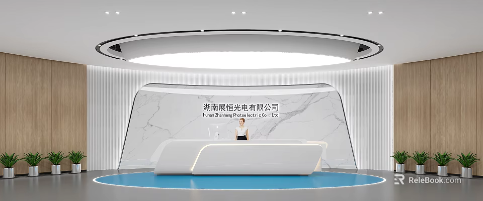 Modern Office Reception Desk with Marble Background Wall Company Name Signage Staff Standing Contemporary Design 3d model 