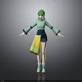3D Model Character With Green Hair Light Green Top And Blue Shorts On Gray Background