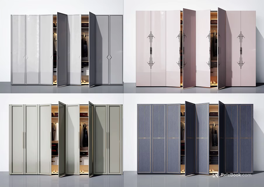 Modern Wardrobe Designs in Various Colors with Open Doors and Interior Storage 3d model 