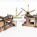 Vintage Wooden Industrial Equipment With Spoked Gear Wheels And Rustic Metal Accents
