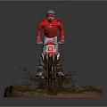 Game Movie Character in Red Outfit Riding Motocross Bike on Muddy Terrain