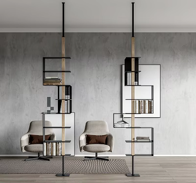 Modern Bookshelf Design With Metal Frame Wooden Elements Gray Wall And Beige Chairs 3d model